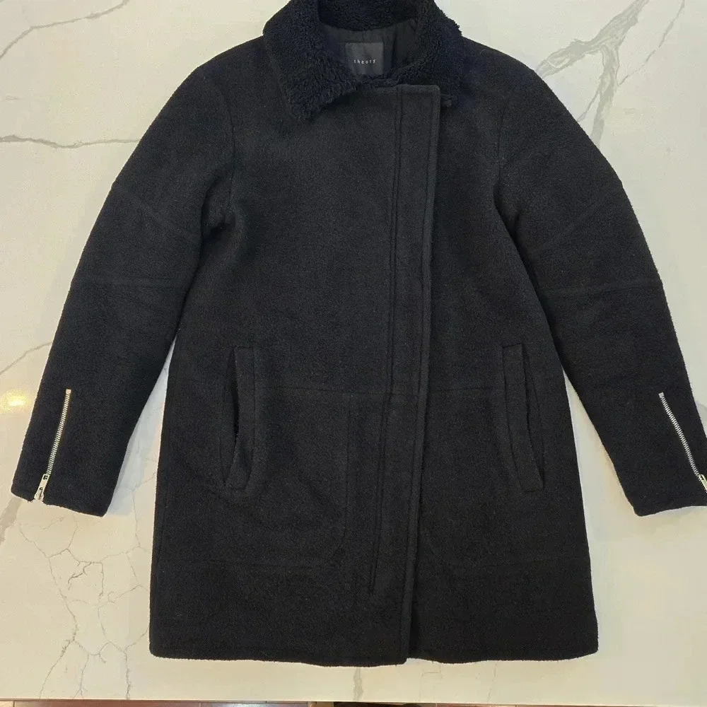 Theory Datyah Wool Shearling Lamb Coat Black Size Medium